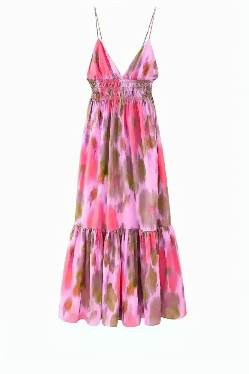 Elegant midi dress with a plunging V-neck and tie-back design, perfect for formal occasions. 4