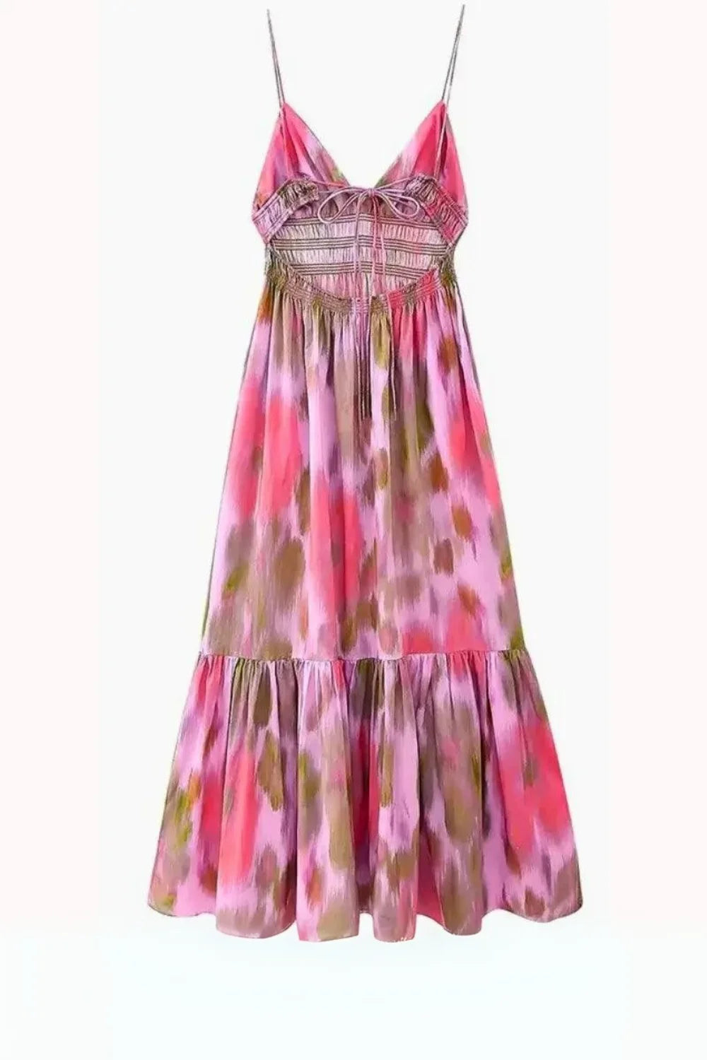 Elegant midi dress with a plunging V-neck and tie-back design, perfect for formal occasions. 5