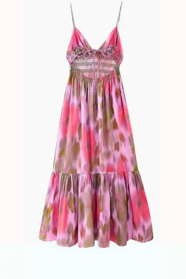 Elegant midi dress with a plunging V-neck and tie-back design, perfect for formal occasions. 5