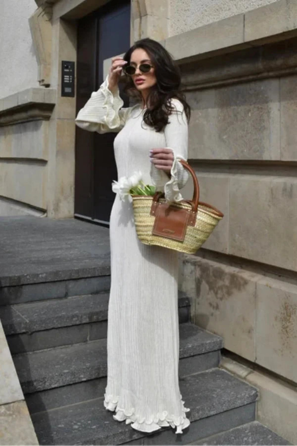 Midi dress with ruffled cuffs and a body-skimming silhouette, perfect for formal occasions. 0