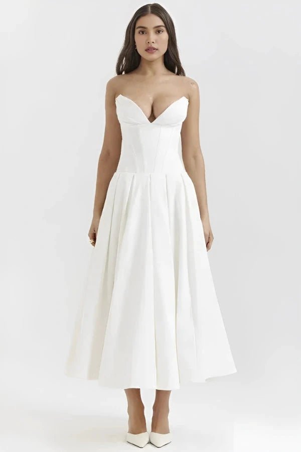 Elegant midi dress featuring a sculpted bodice and a voluminous skirt, perfect for formal occasions. 0