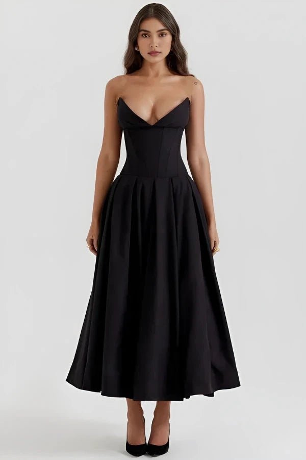 Elegant midi dress featuring a sculpted bodice and a voluminous skirt, perfect for formal occasions. 1
