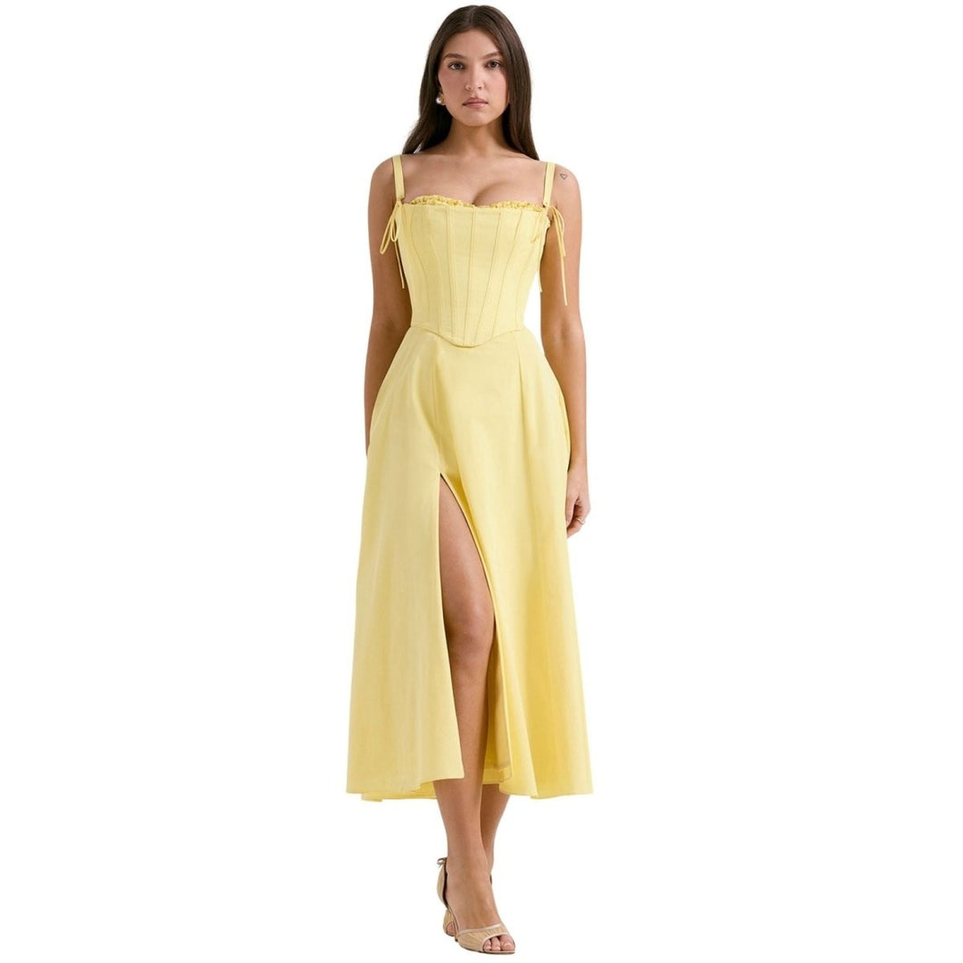 Elegant midi dress featuring a sculpted bodice and a voluminous skirt, perfect for formal occasions. 10
