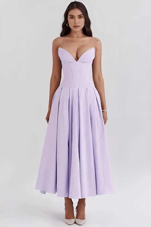 Elegant midi dress featuring a sculpted bodice and a voluminous skirt, perfect for formal occasions. 12