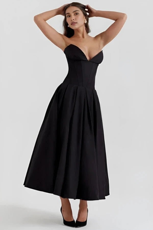 Elegant midi dress featuring a sculpted bodice and a voluminous skirt, perfect for formal occasions. 2