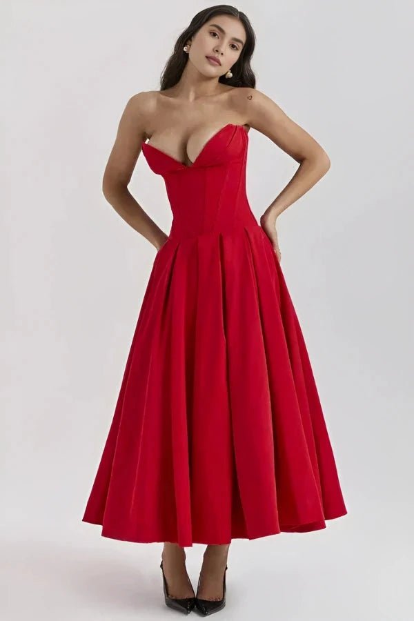 Elegant midi dress featuring a sculpted bodice and a voluminous skirt, perfect for formal occasions. 4