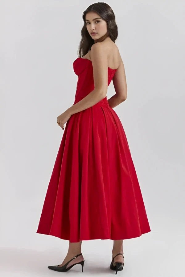 Elegant midi dress featuring a sculpted bodice and a voluminous skirt, perfect for formal occasions. 5