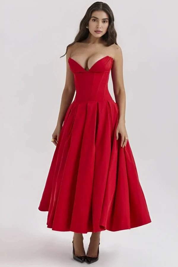 Elegant midi dress featuring a sculpted bodice and a voluminous skirt, perfect for formal occasions. 6