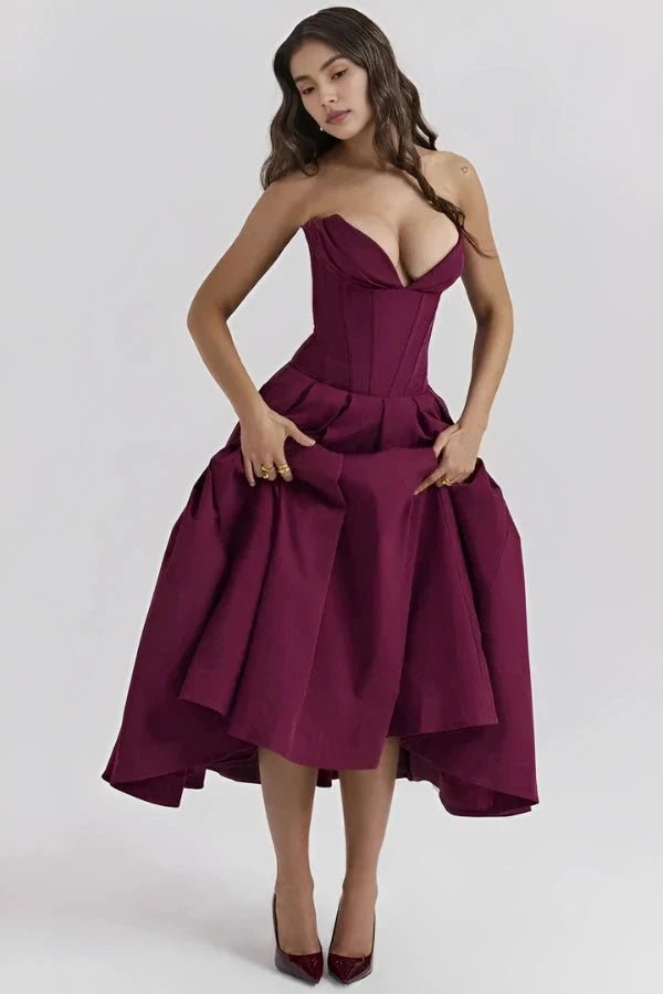 Elegant midi dress featuring a sculpted bodice and a voluminous skirt, perfect for formal occasions. 8