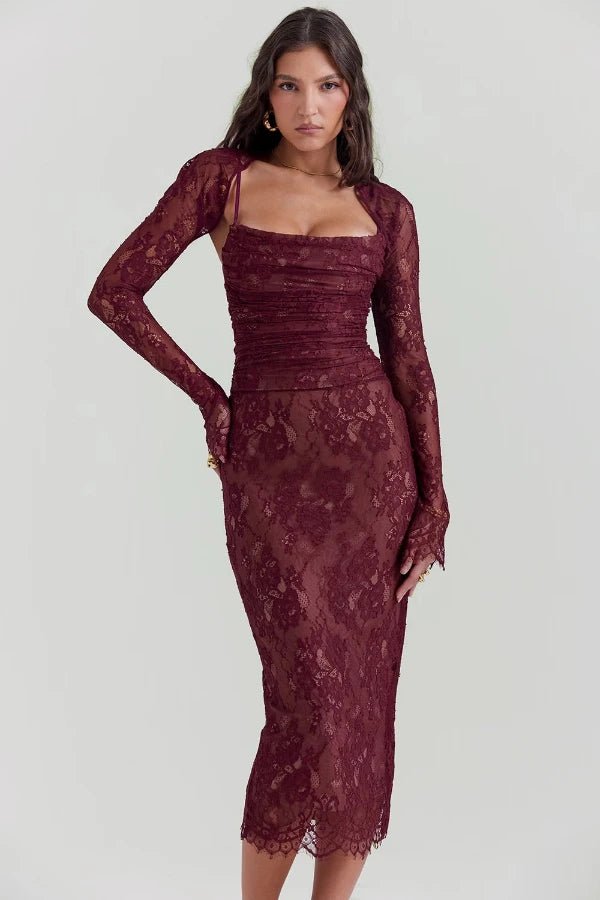 Elegant midi dress with sheer floral lace sleeves, featuring a fitted silhouette perfect for formal occasions. 0