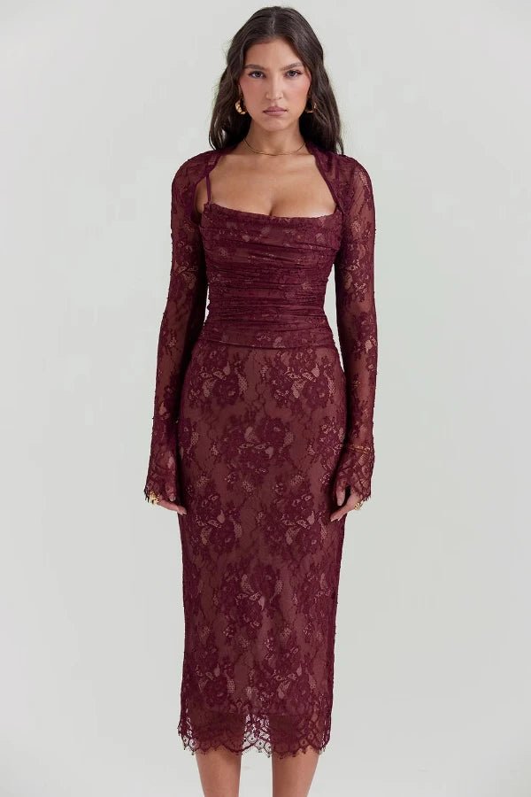 Elegant midi dress with sheer floral lace sleeves, featuring a fitted silhouette perfect for formal occasions. 1