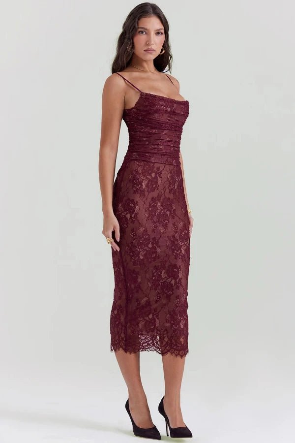 Elegant midi dress with sheer floral lace sleeves, featuring a fitted silhouette perfect for formal occasions. 3