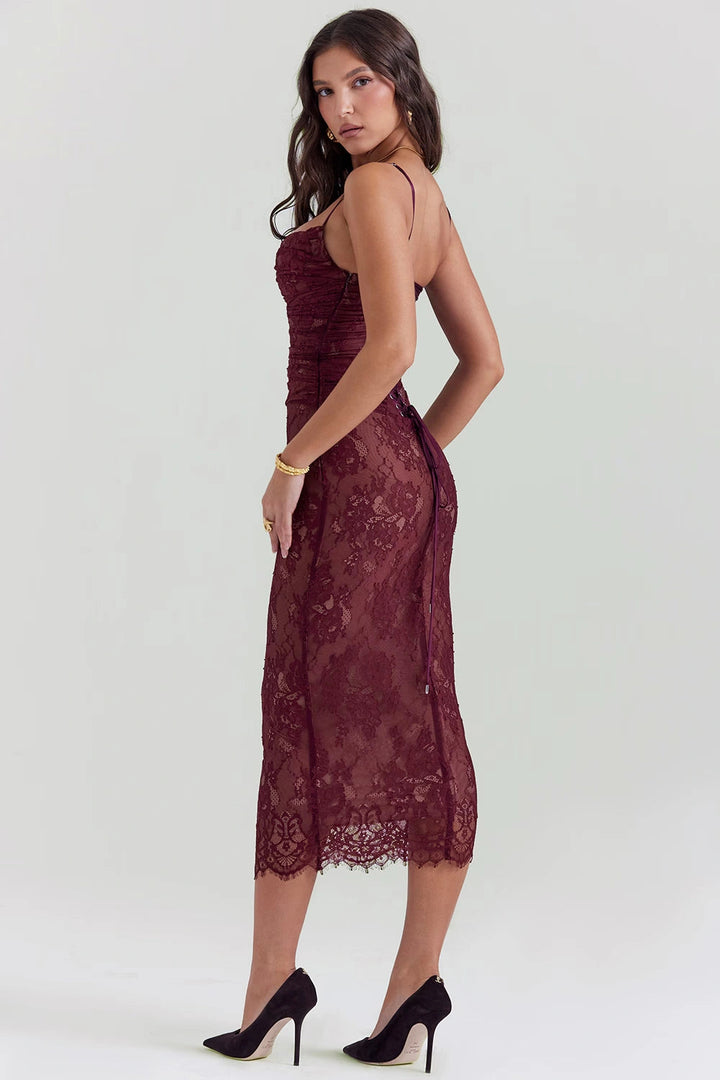 Elegant midi dress with sheer floral lace sleeves, featuring a fitted silhouette perfect for formal occasions. 4
