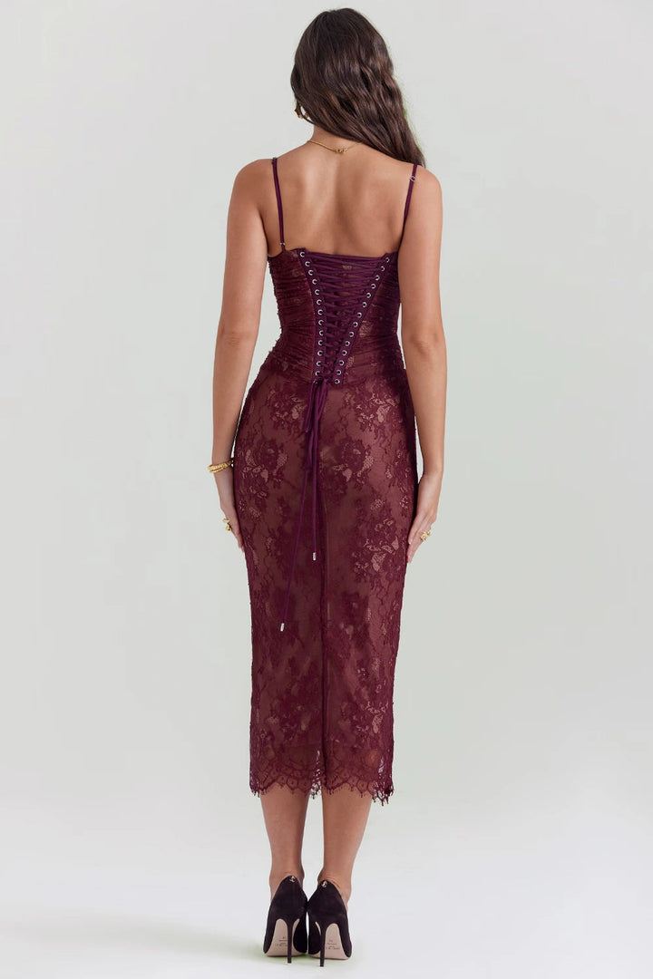 Elegant midi dress with sheer floral lace sleeves, featuring a fitted silhouette perfect for formal occasions. 5