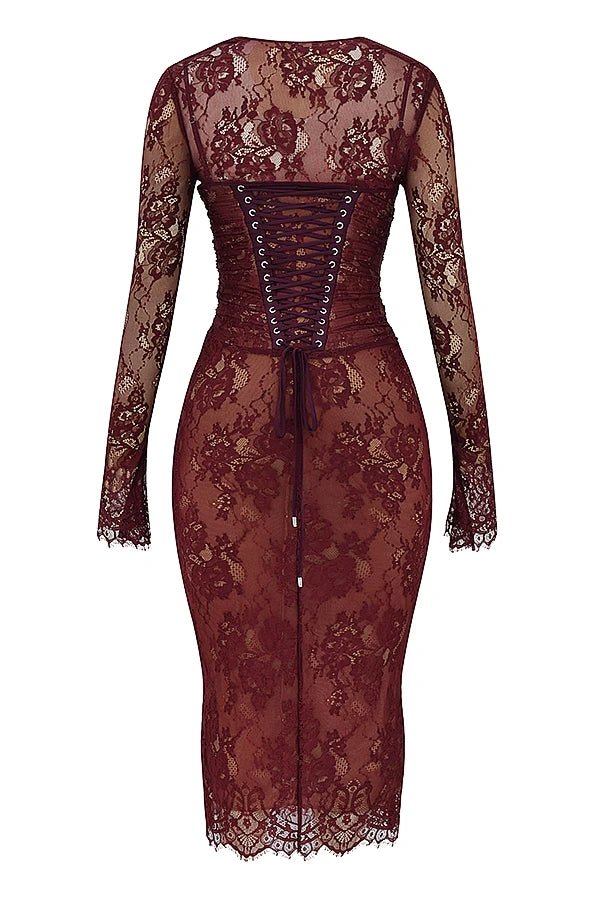 Elegant midi dress with sheer floral lace sleeves, featuring a fitted silhouette perfect for formal occasions. 6