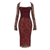 Elegant midi dress with sheer floral lace sleeves, featuring a fitted silhouette perfect for formal occasions. 7