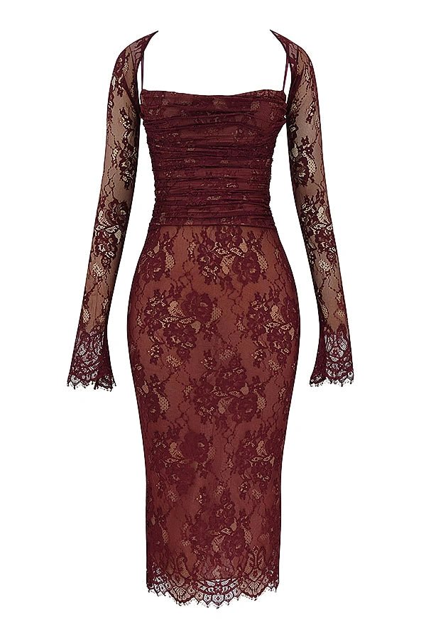 Elegant midi dress with sheer floral lace sleeves, featuring a fitted silhouette perfect for formal occasions. 8