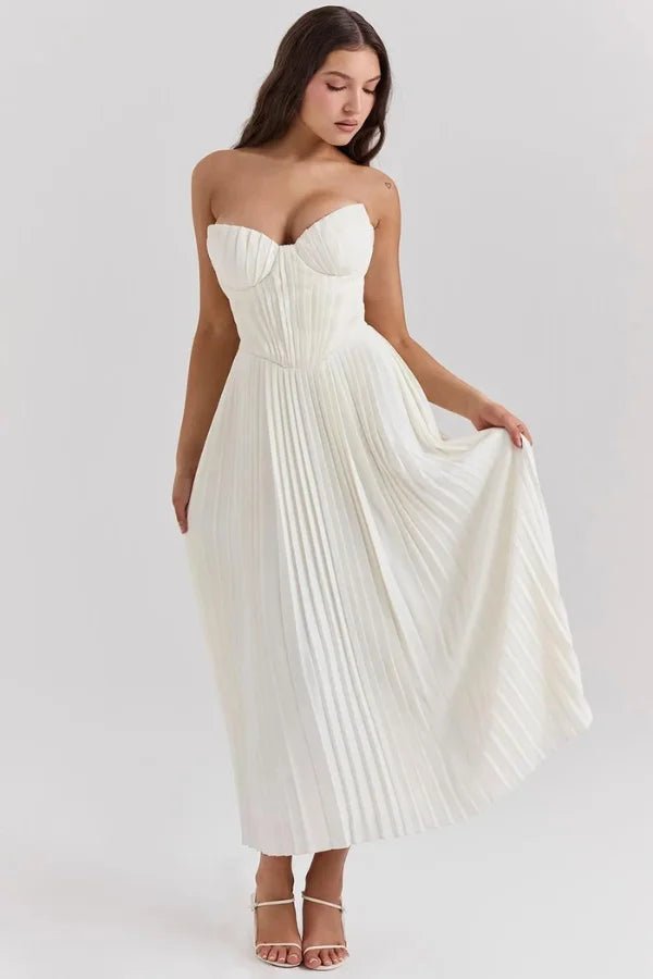 Elegant midi dress featuring a sweetheart neckline and a pleated skirt, perfect for formal occasions. 0