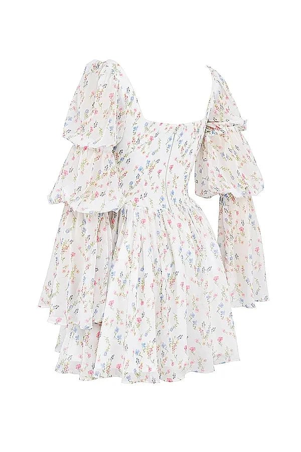 Elegant midi dress featuring a tiered design and floral print, perfect for formal events. 8