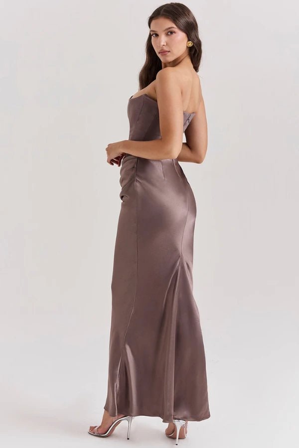 Elegant strapless gown with a structured corset design, perfect for formal occasions. 2