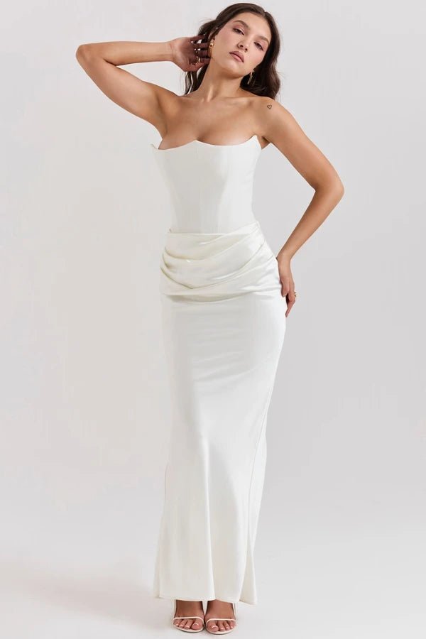 Elegant strapless gown with a structured corset design, perfect for formal occasions. 7