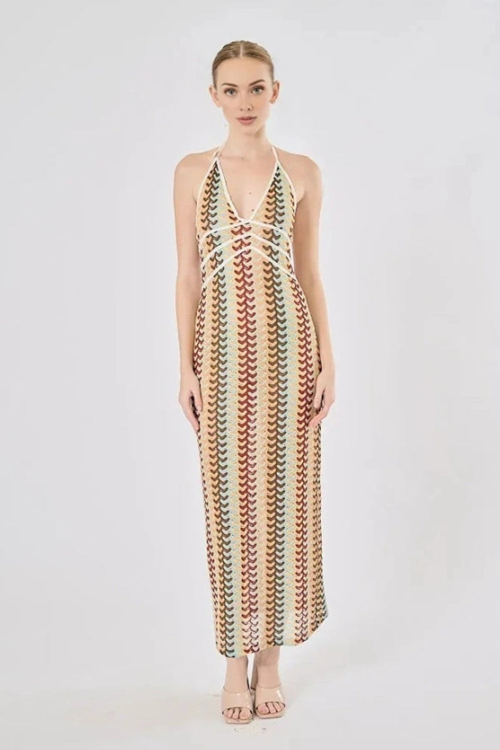 Elegant midi dress with a V-neck and open back, perfect for formal occasions. 0