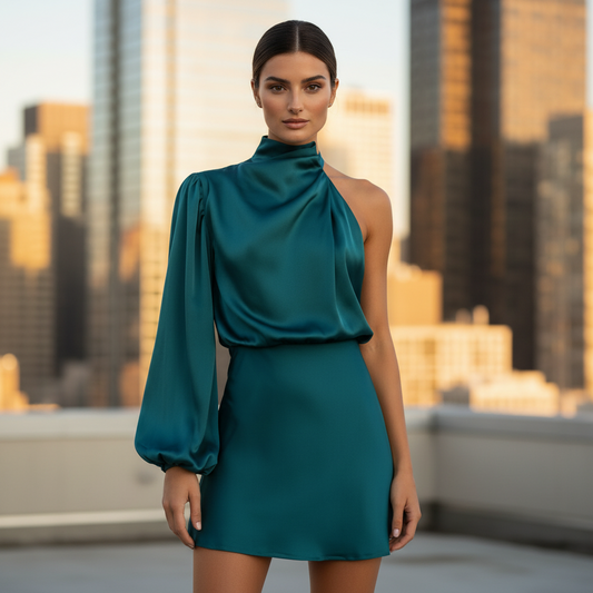 Evening Dress | One Shoulder Puff Sleeve Design for Elegant Gowns-Women's Dresses-Mykonostore-Royal Blue-S-Mykonostore