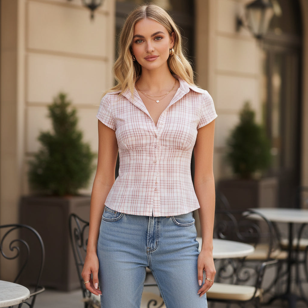 Fitted Blouse | Short Sleeves Checked Design-Blouses-Mykonostore-Mykonostore