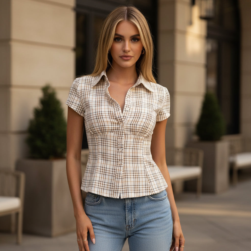 Fitted short-sleeve blouse with a checked design, suitable for casual or professional occasions. - 1