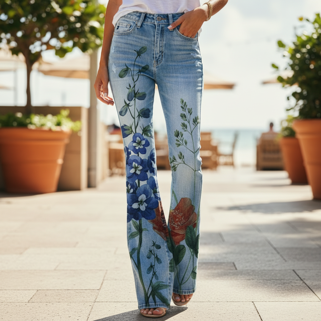 Flare Pants | Vibrant Print, Flattering Flare Cut-Women's Flare Pants-Mykonostore-With blue flower-S-Mykonostore