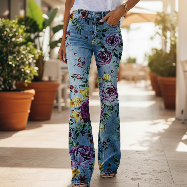 Flare Pants | Vibrant Print, Flattering Flare Cut-Women's Flare Pants-Mykonostore-With purple rose-S-Mykonostore