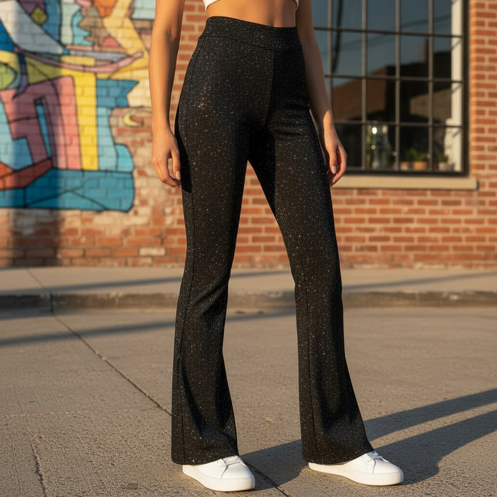 Flared Trousers | Glittery Design for Effortless Glamour-Trousers-Mykonostore-Black-S-Mykonostore