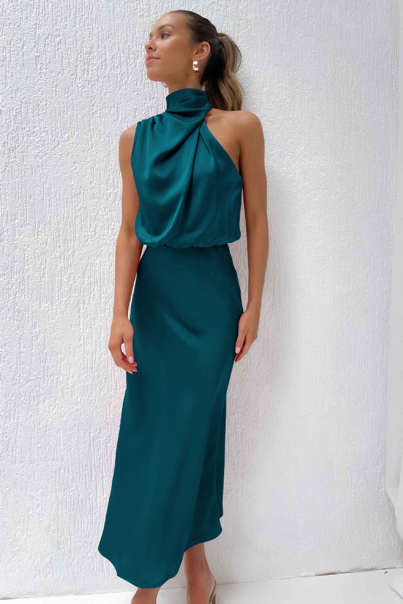 Halter Neck Long Dress | Elegant Flowy Design for Wedding Guests and Summer Events-Women’s Dresses-Mykonostore-Blue-S-Mykonostore