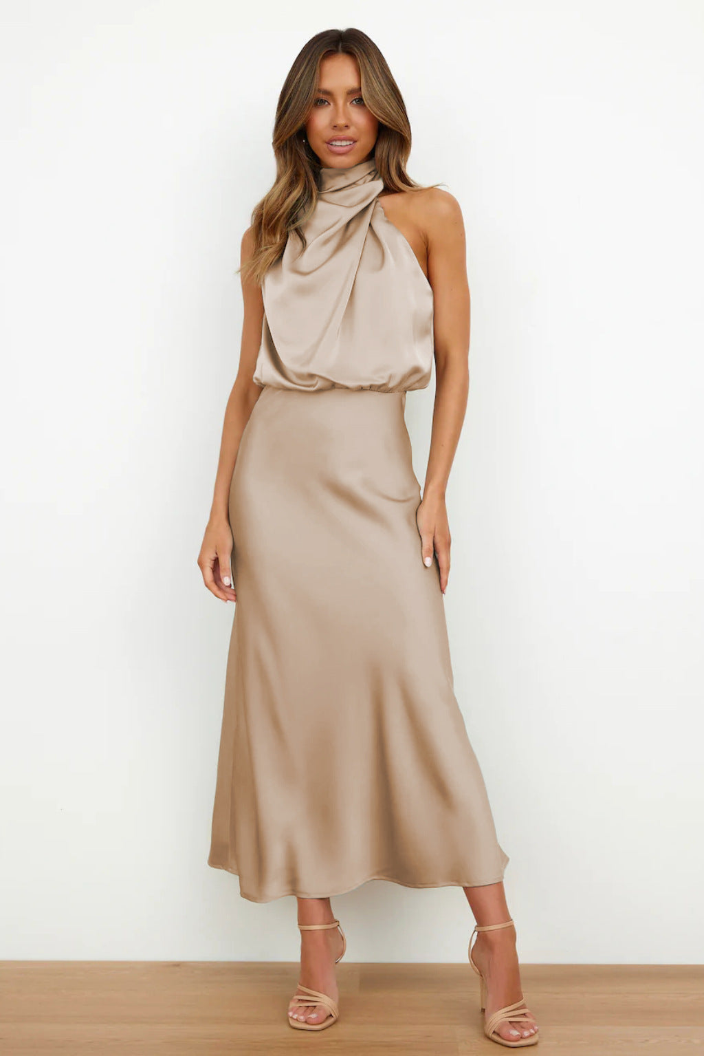 Halter Neck Long Dress | Elegant Flowy Design for Wedding Guests and Summer Events-Women’s Dresses-Mykonostore-Champagne-S-Mykonostore