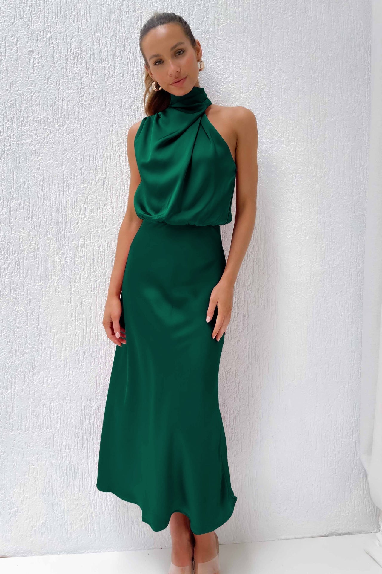 Halter Neck Long Dress | Elegant Flowy Design for Wedding Guests and Summer Events-Women’s Dresses-Mykonostore-Green-S-Mykonostore