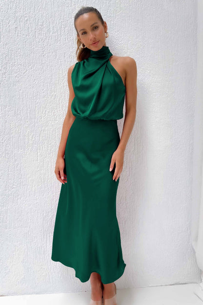 Halter Neck Long Dress | Elegant Flowy Design for Wedding Guests and Summer Events-Women’s Dresses-Mykonostore-Green-S-Mykonostore