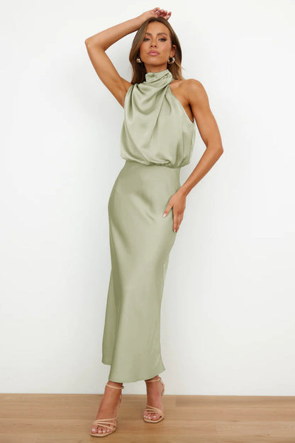 Halter Neck Long Dress | Elegant Flowy Design for Wedding Guests and Summer Events-Women’s Dresses-Mykonostore-Light Green-S-Mykonostore
