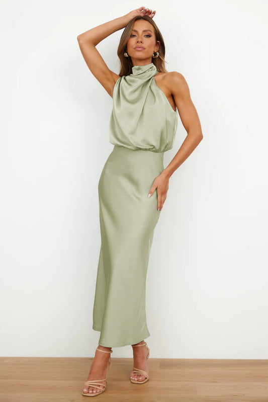 Halter Neck Long Dress | Elegant Flowy Design for Wedding Guests and Summer Events-Women’s Dresses-Mykonostore-Light Green-S-Mykonostore