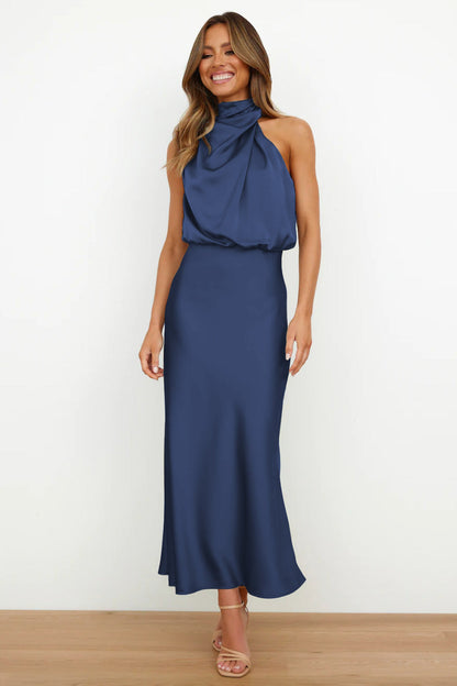 Halter Neck Long Dress | Elegant Flowy Design for Wedding Guests and Summer Events-Women’s Dresses-Mykonostore-Navy-S-Mykonostore