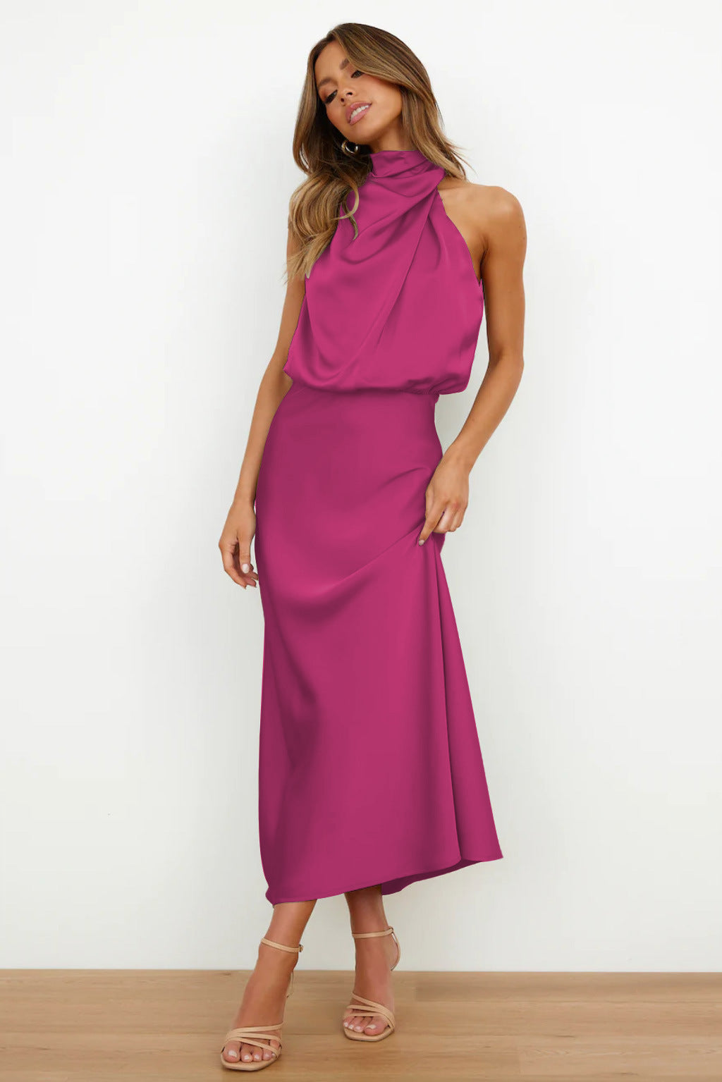 Halter Neck Long Dress | Elegant Flowy Design for Wedding Guests and Summer Events-Women’s Dresses-Mykonostore-Pink-S-Mykonostore