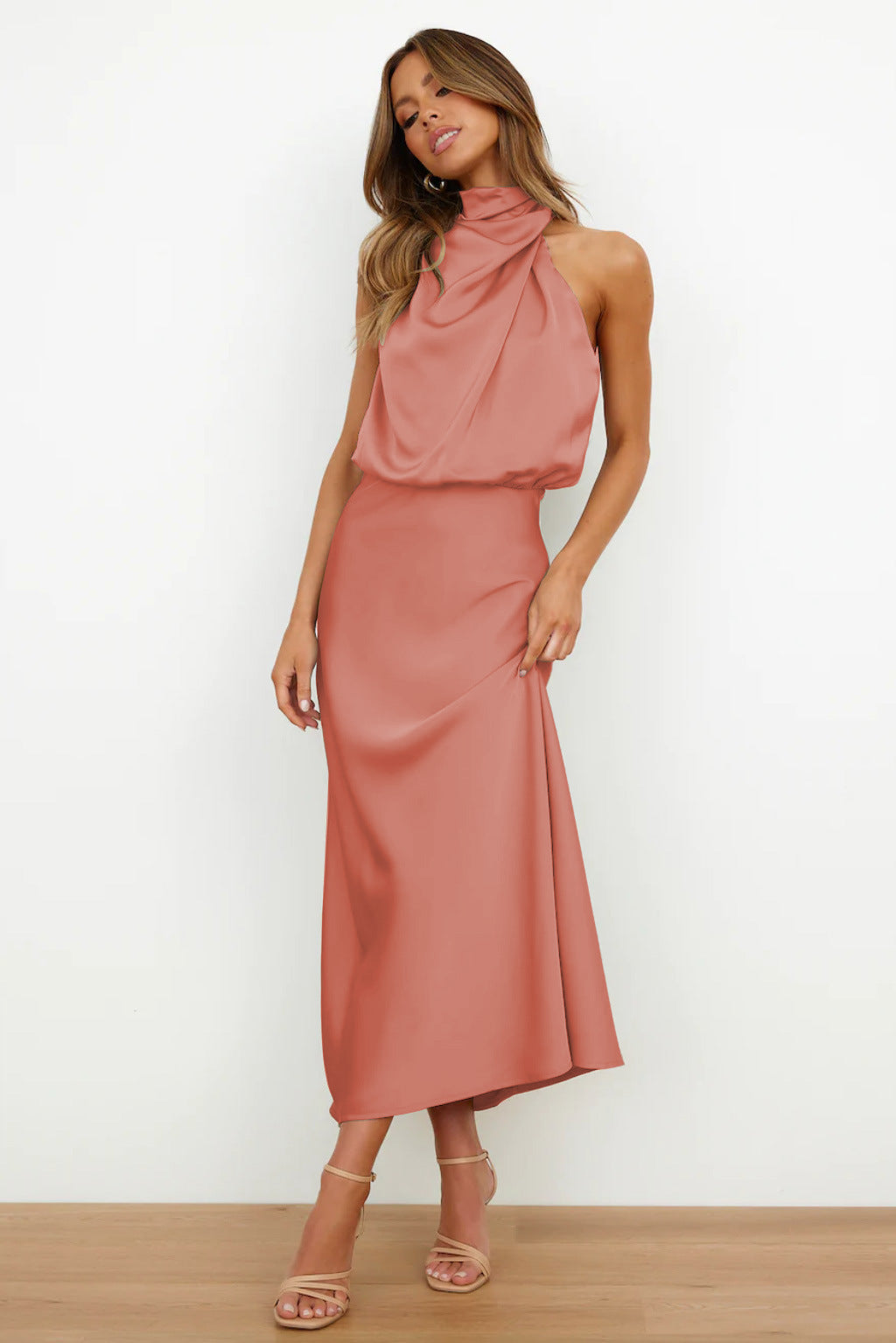 Halter Neck Long Dress | Elegant Flowy Design for Wedding Guests and Summer Events-Women’s Dresses-Mykonostore-Salmon Pink-S-Mykonostore