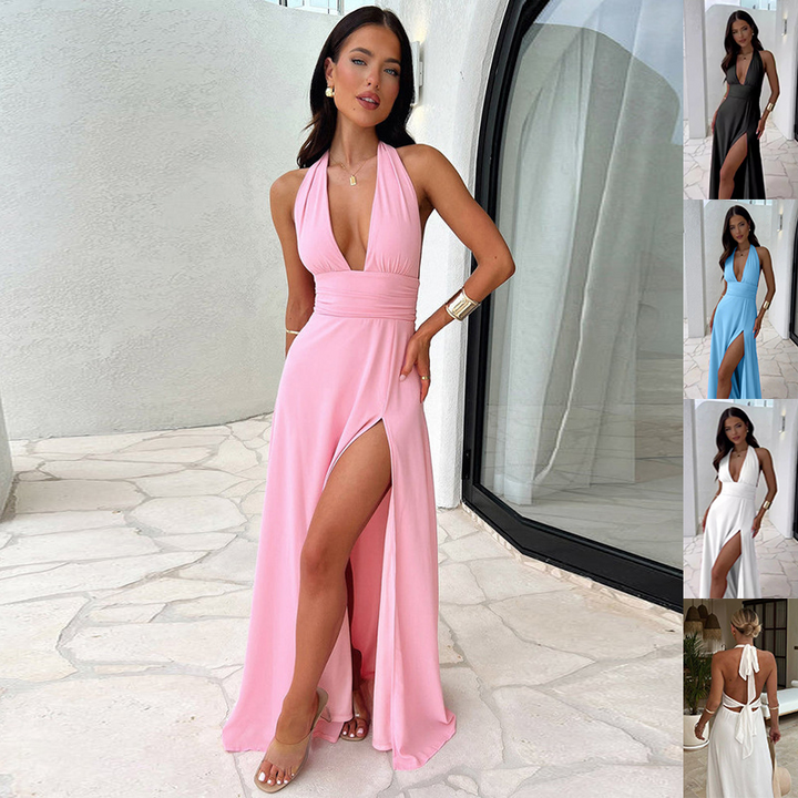 Halterneck Maxi Dress | Open Back with High Slit for Effortless Elegance-Maxi Dresses-Mykonostore-Mykonostore
