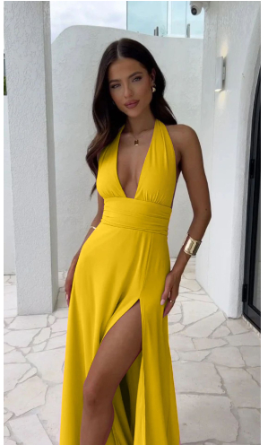 Halterneck Maxi Dress | Open Back with High Slit for Effortless Elegance-Maxi Dresses-Mykonostore-Yellow-S-Mykonostore
