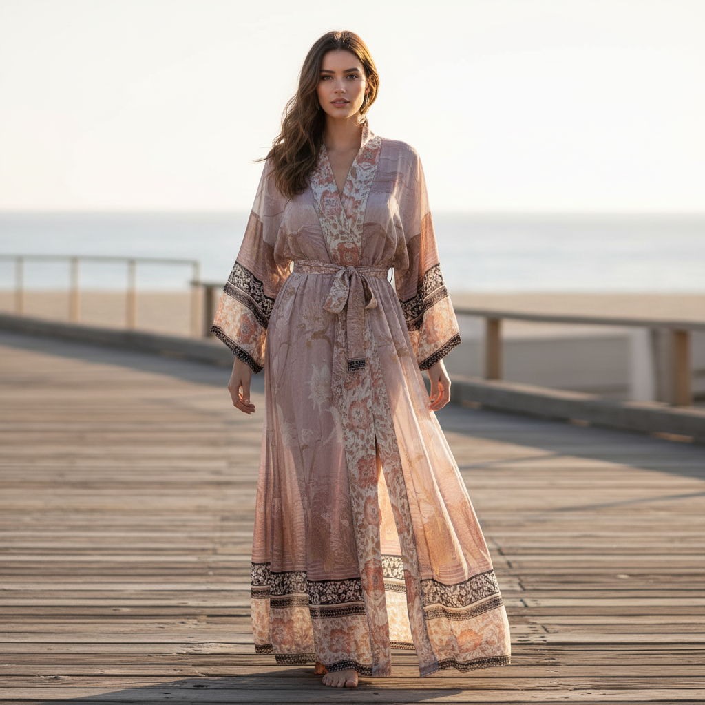 Lightweight beach kimono featuring an airy floral print, designed in a relaxed fit silhouette. - 1