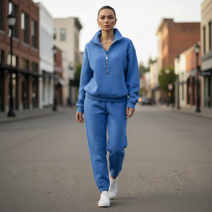 Loose Fit Half-Zip Cardigan Tracksuit | Women's Comfortable Casual Outfit-Women's Activewear-Mykonostore-Blue-S-Mykonostore