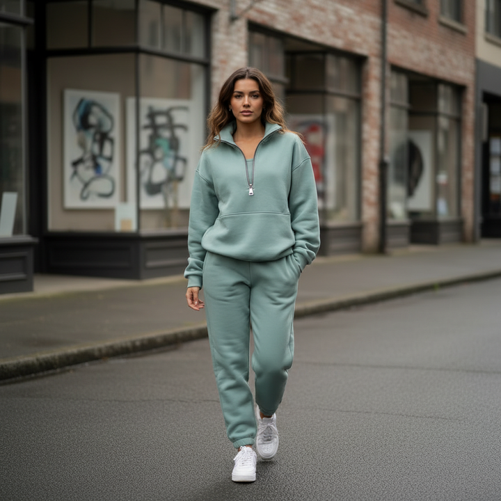 Loose Fit Half-Zip Cardigan Tracksuit | Women's Comfortable Casual Outfit-Women's Activewear-Mykonostore-Green-S-Mykonostore