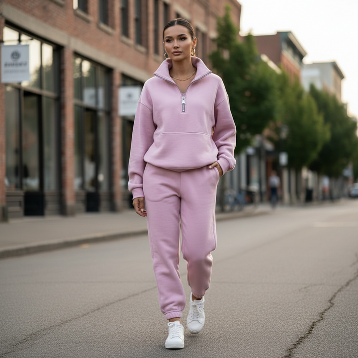 Loose Fit Half-Zip Cardigan Tracksuit | Women's Comfortable Casual Outfit-Women's Activewear-Mykonostore-Pink-S-Mykonostore