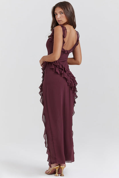 Maxi Dress | Asymmetrical Ruffles, High Slit-Maxi Dresses-Mykonostore-Mykonostore