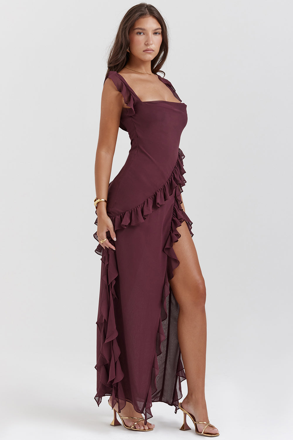 Maxi Dress | Asymmetrical Ruffles, High Slit-Maxi Dresses-Mykonostore-Mykonostore