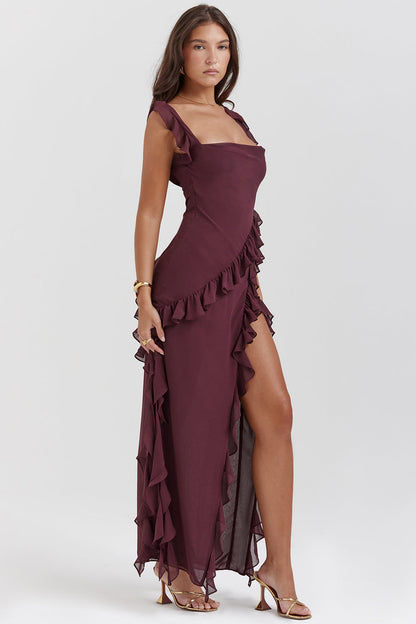 Maxi Dress | Asymmetrical Ruffles, High Slit-Maxi Dresses-Mykonostore-Mykonostore
